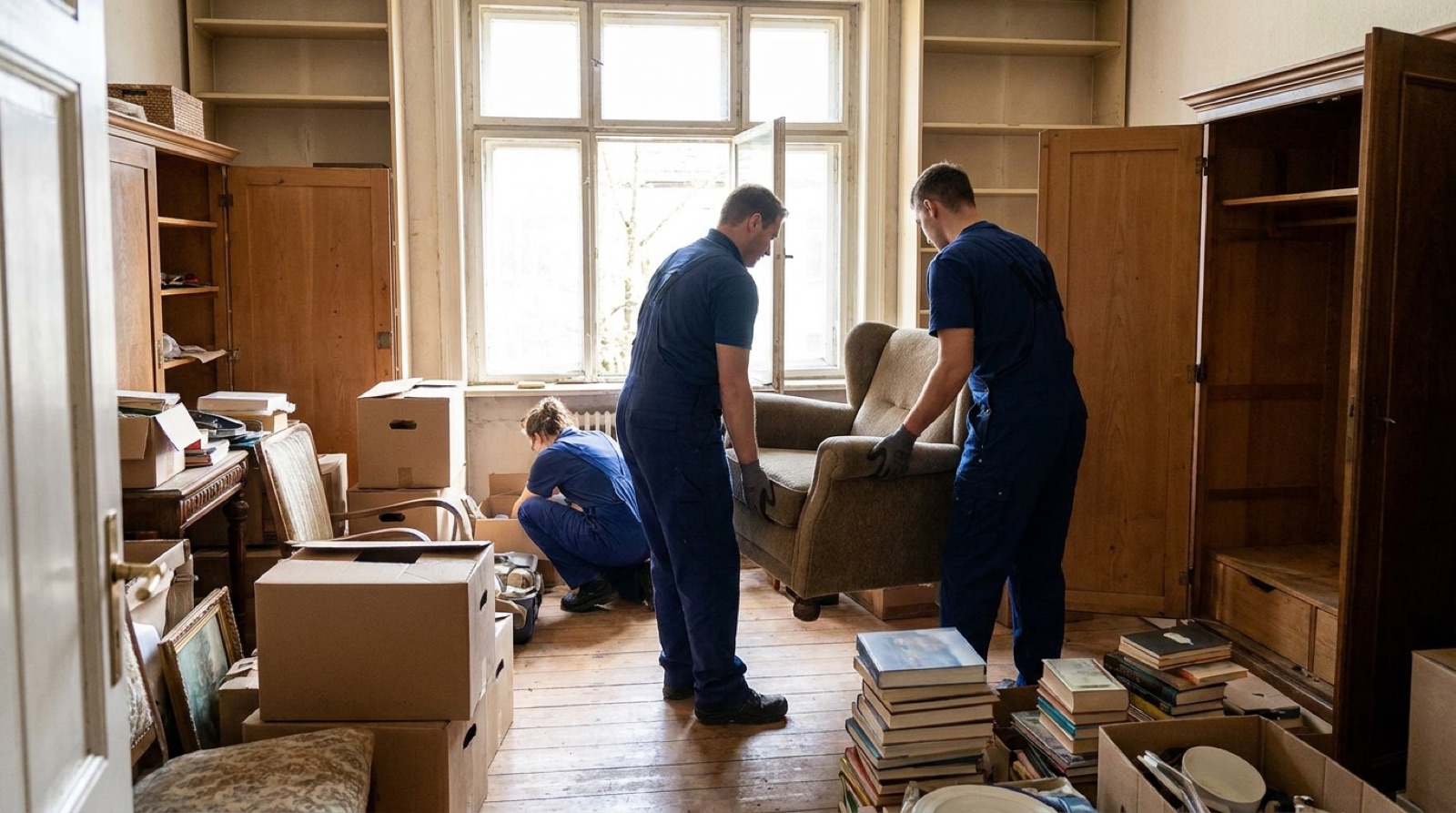 Mit Möbeln und Kartons gefülltes Zimmer im Haus vor der Räumung