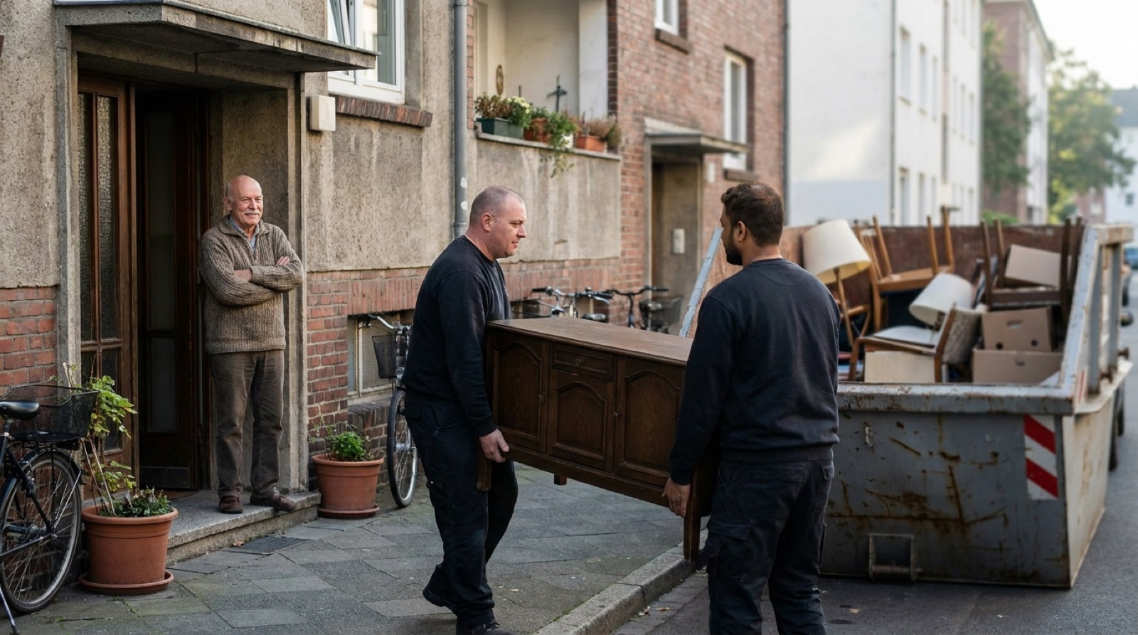 Entrümpelungsteam trägt alte Möbel zum Container vor einem Wohnhaus, Container Entrümpelung Kosten im Raum Ingolstadt