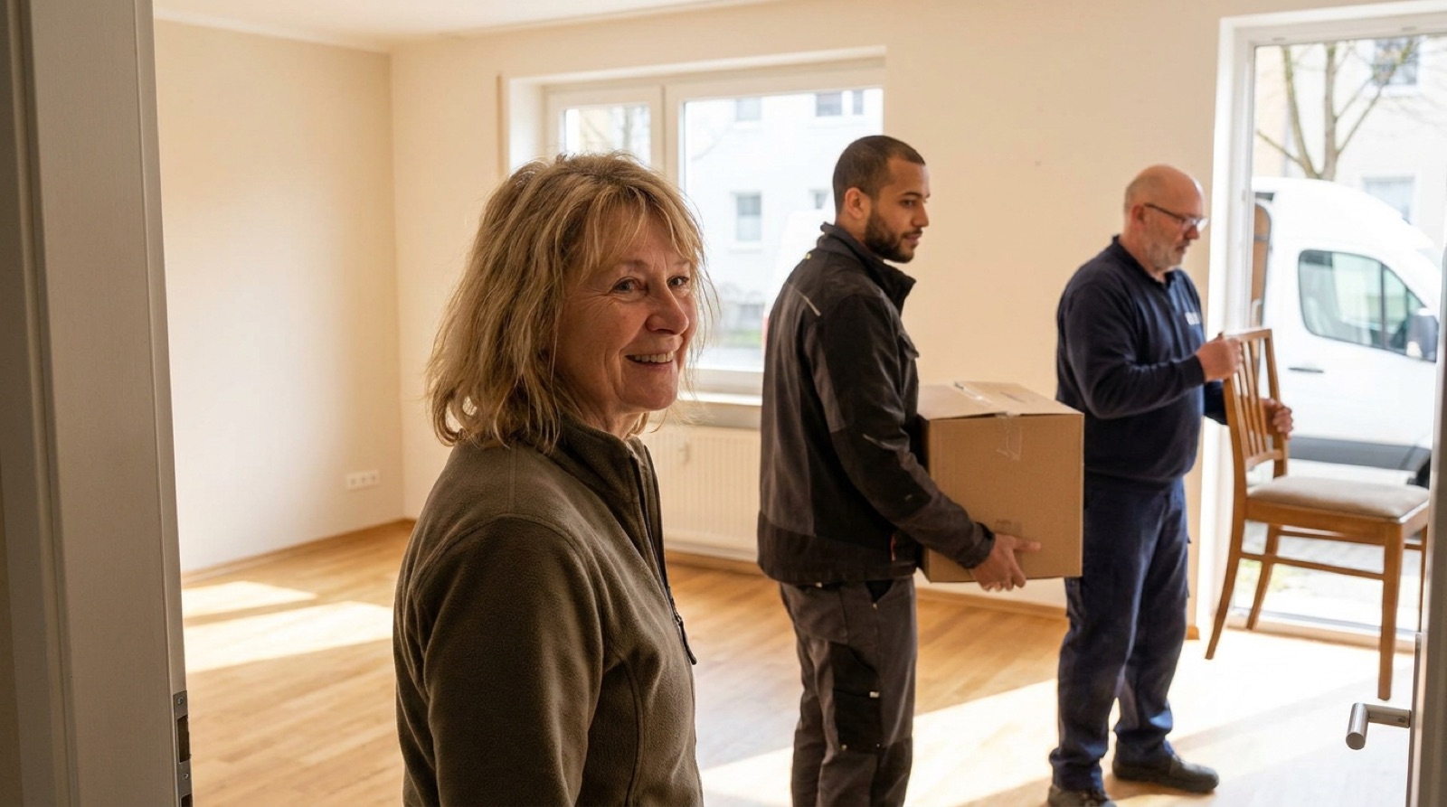 Erleichterte Frau in leerer Wohnung nach Entrümpelung Ingolstadt, Helfer tragen letzte Kiste hinaus