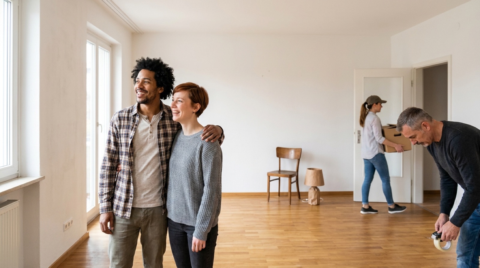 Erleichtertes Paar in leergeräumter Wohnung nach Entrümpelung, Wertanrechnung senkt Entrümpelung Kosten pro qm