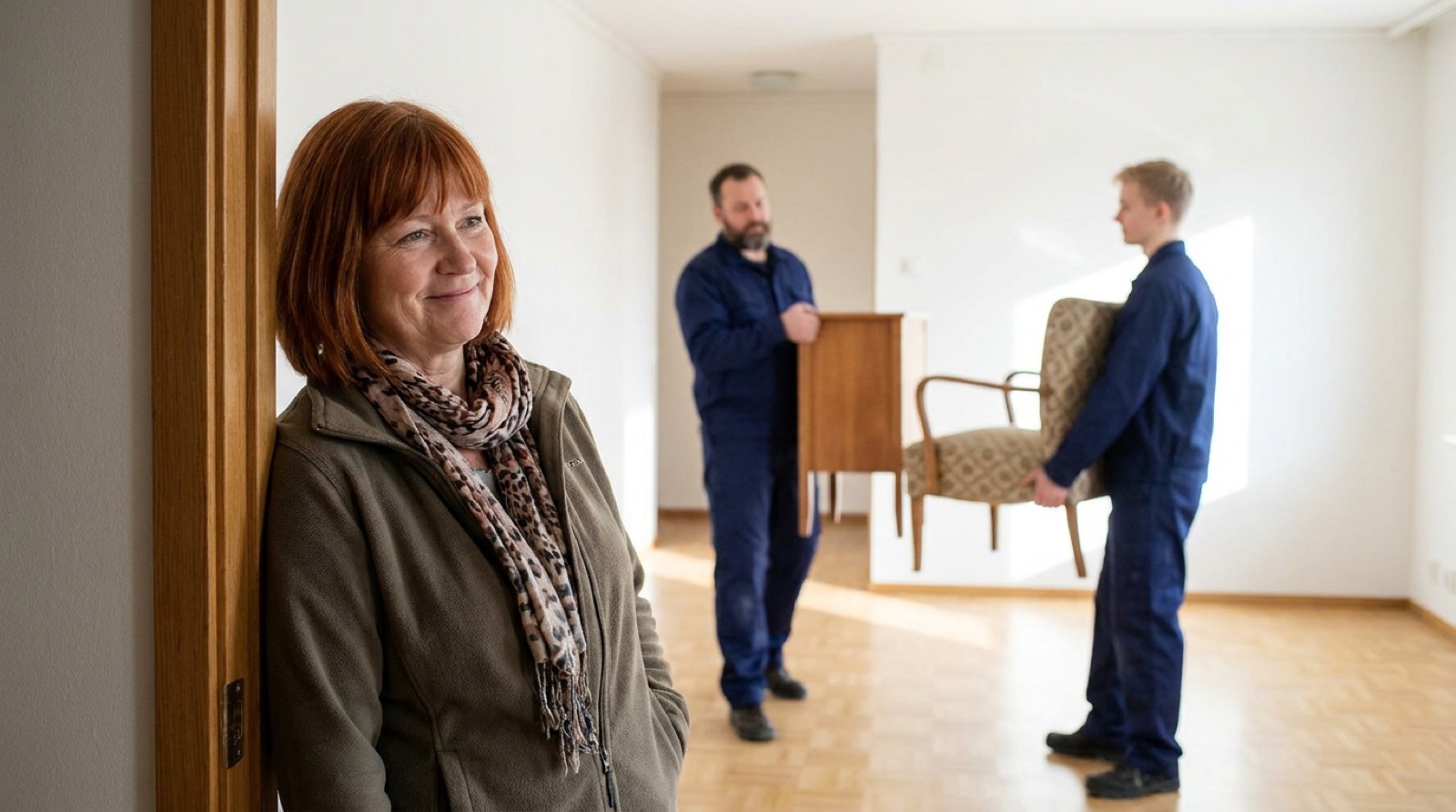 Erleichterte Frau in leerer Wohnung nach Entrümpelung Pfaffenhofen, Helfer tragen Möbel hinaus