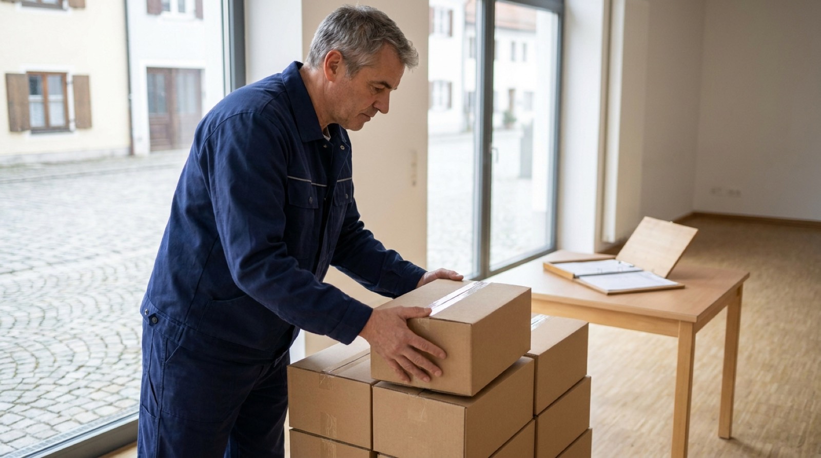 Mitarbeiter stapelt Kartons in leerer Halle nach Kündigung durch den Insolvenzverwalter gemäß § 109 InsO, Inventarliste liegt bereit