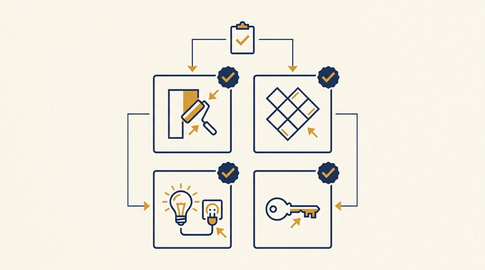 Infografik zur Checkliste bei der Rückgabe von Gewerberäumen: Wände, Boden, Technik und Schlüssel