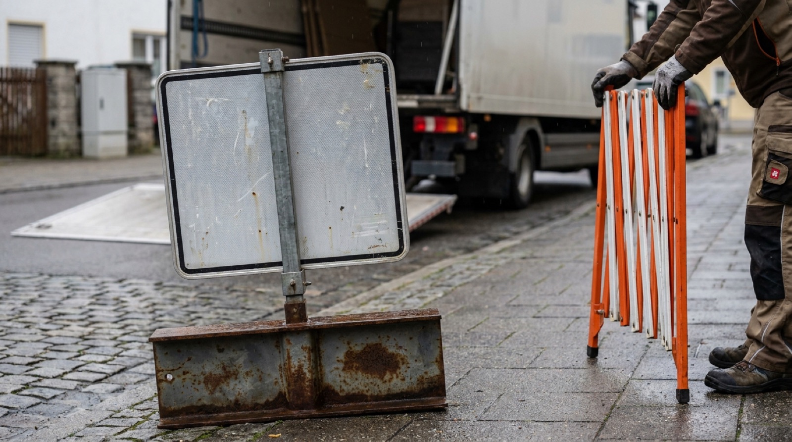 Halteverbotszone beantragen: mobile Verkehrsschilder sichern freie Umzugsflaeche am Strassenrand