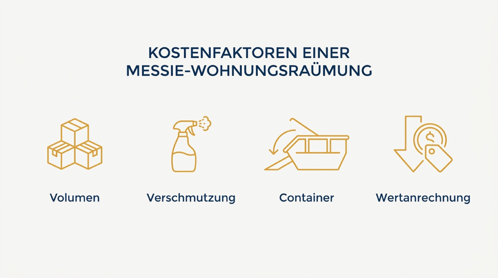 Infografik zu Messie Entrümpelung Kosten mit Faktoren Volumen, Verschmutzung, Container und Wertanrechnung