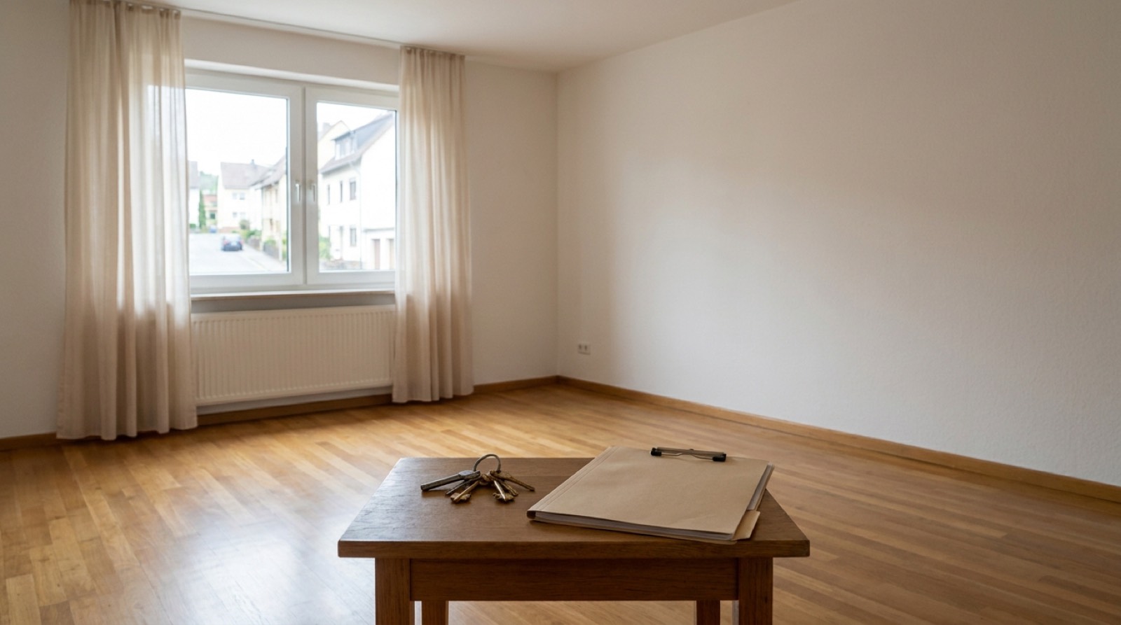 Schlüsselbund und Übergabeprotokoll liegen auf einem Tisch in einer leeren, aufgeräumten Wohnung, wenn ein Mieter verstorben ist und keine Erben bekannt sind