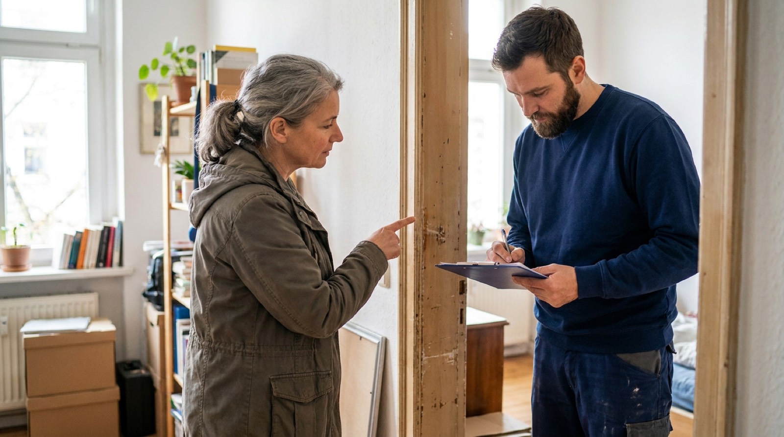Vermieterin zeigt auf einen beschädigten Türrahmen, Mitarbeiter dokumentiert den Zustand der Wohnung nach Mietnomaden auf dem Klemmbrett