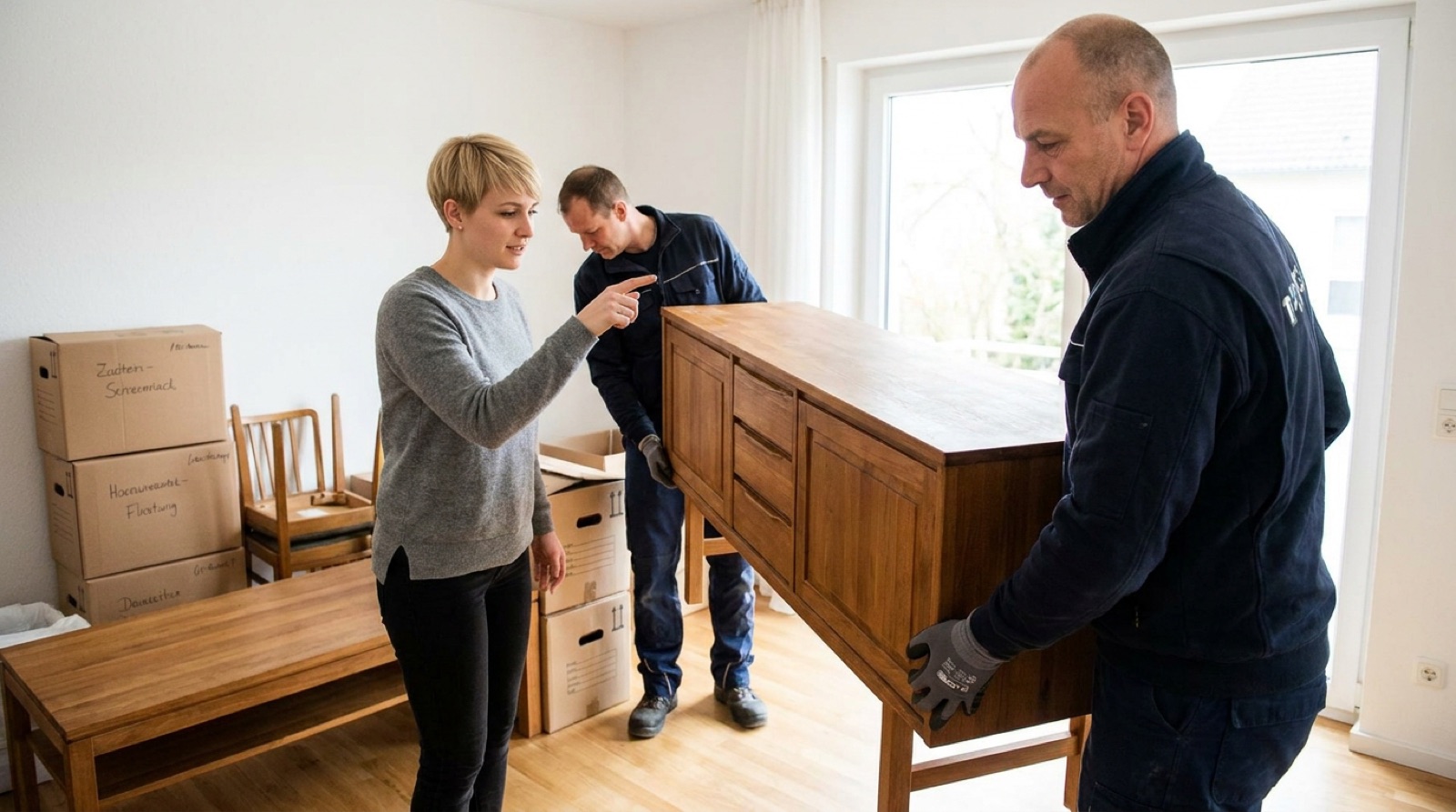 Umzugshelfer trägt erhaltenswertes Holzmöbel, Wertanrechnung beim Umzug spart einen zweiten Sonderurlaub-Tag