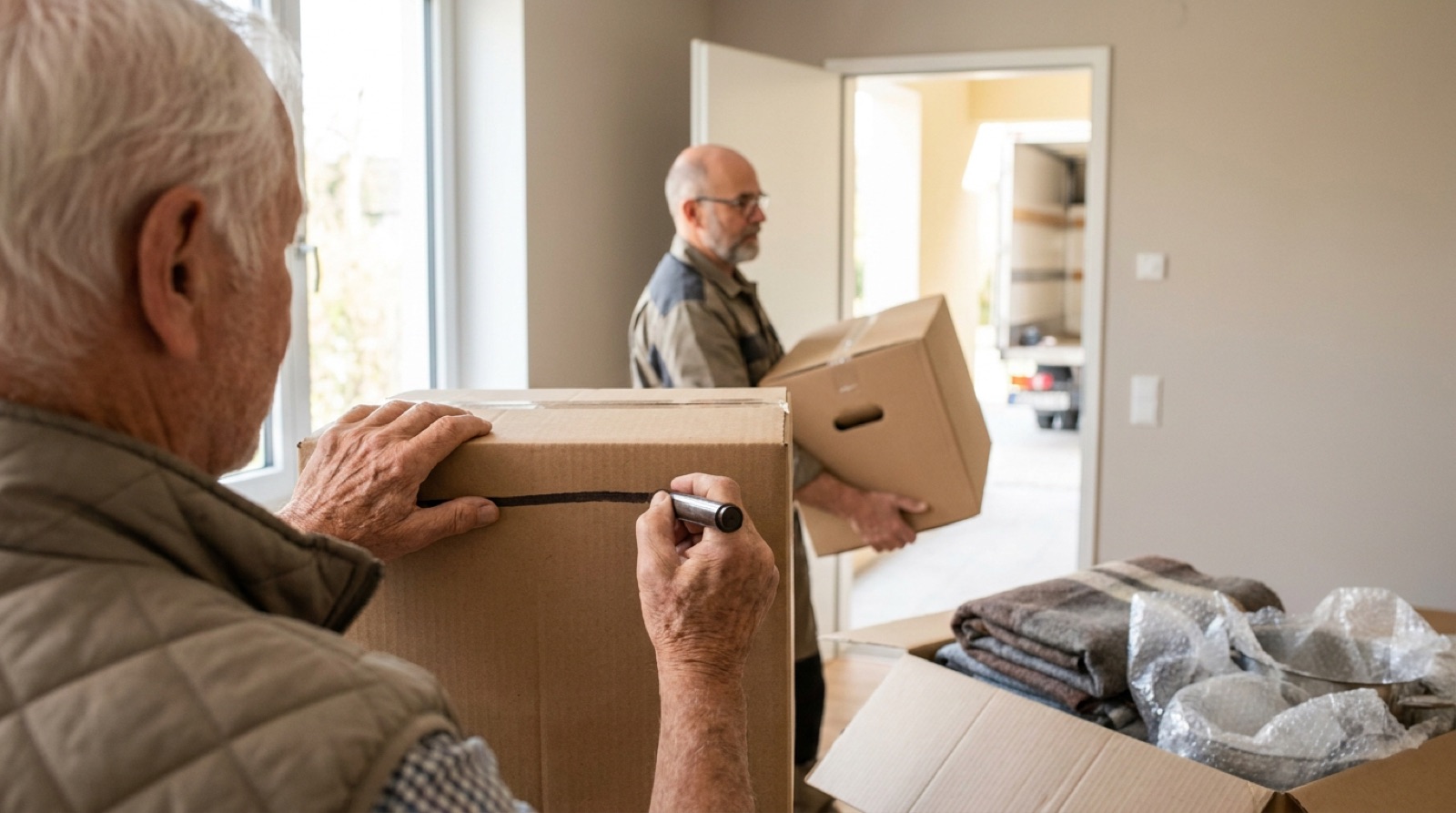 Umzug Checkliste in der Praxis: Hände beschriften Umzugskarton am Umzugstag in Bayern