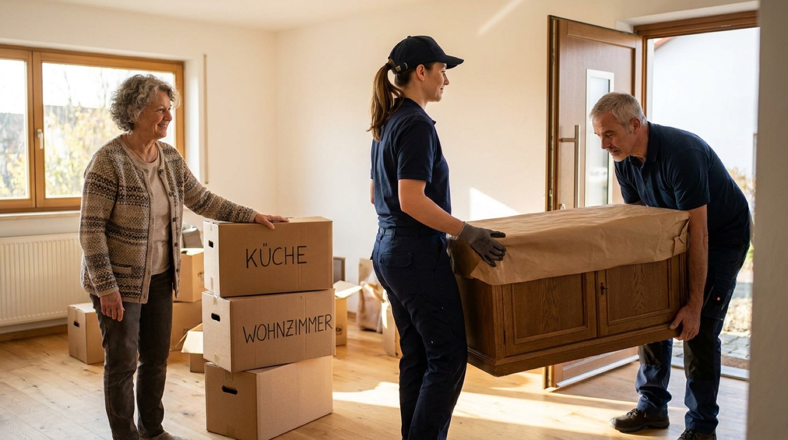 Umzug Geisenfeld: Umzugsteam traegt Schrank aus leerem Wohnzimmer, Kundin laechelt erleichtert