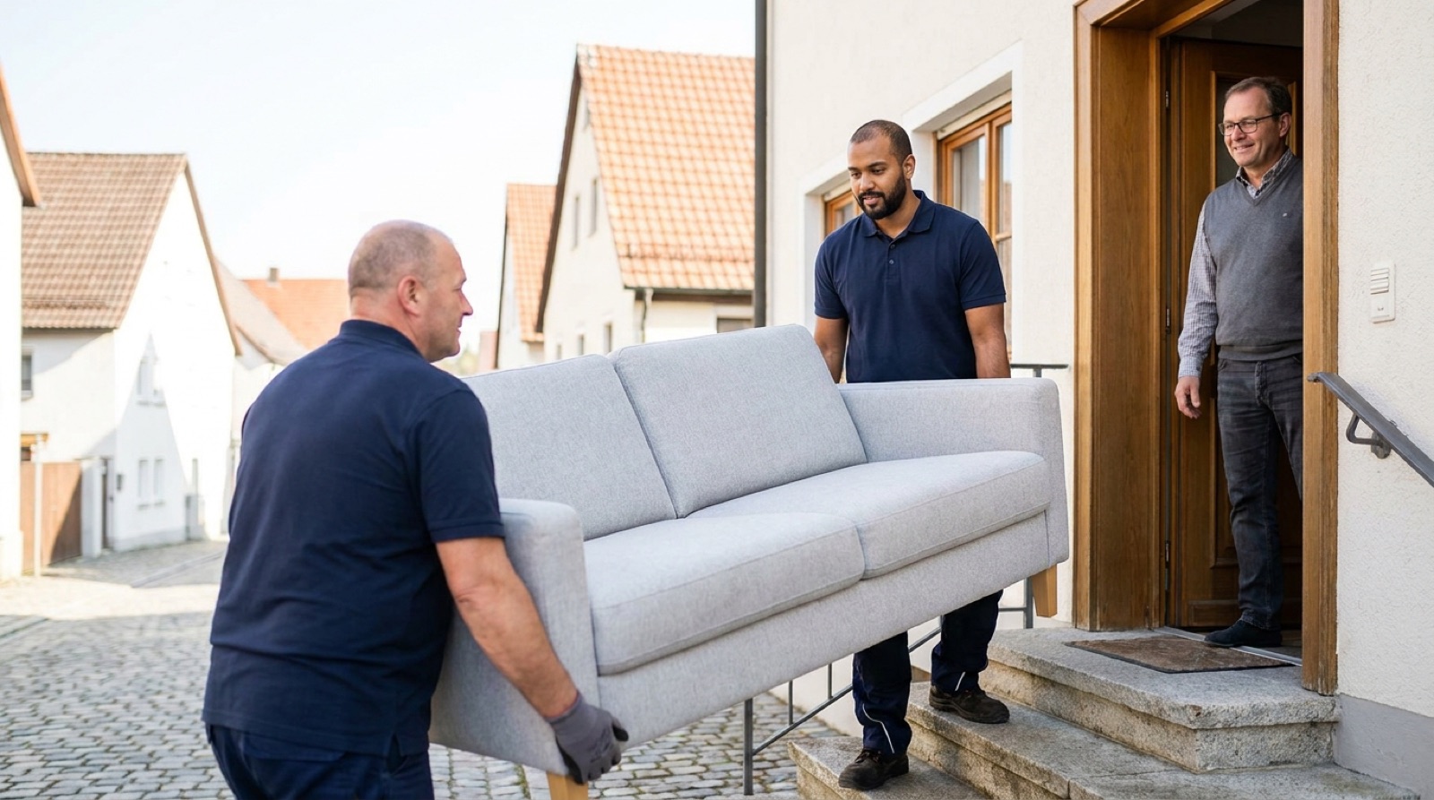 Umzug Kösching: freundliches Umzugsteam trägt ein Sofa aus einem Haus, Besitzerin schaut erleichtert zu