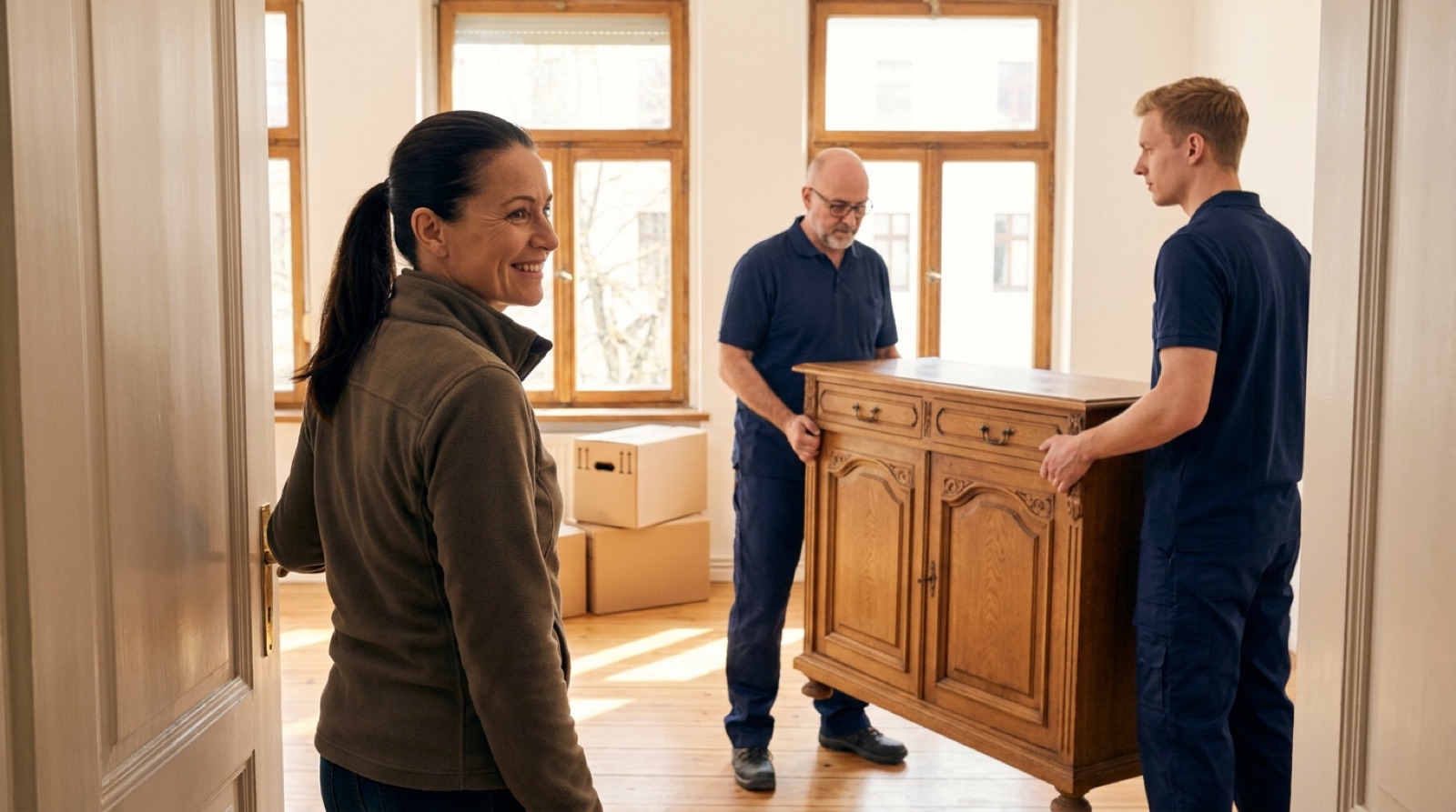 Erleichterte Frau in geräumter heller Wohnung nach Entrümpelung Schrobenhausen, Helfer trägt Schrank