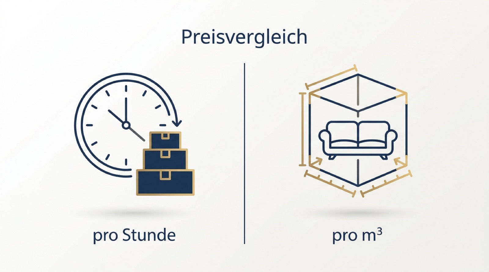 Infografik Umzugsunternehmen Preise: Vergleich Abrechnung pro Stunde gegen pro Kubikmeter mit Icons