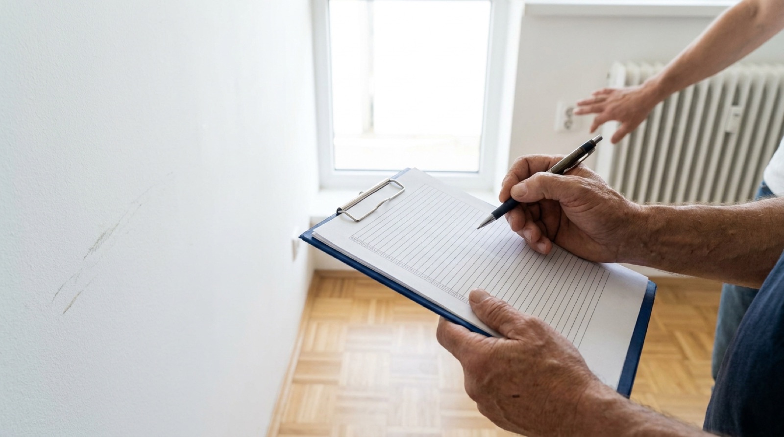 Wohnungsübergabe Checkliste: Mieter prüft Wände, Steckdosen und Heizung beim Übergabetermin der besenrein geräumten Wohnung