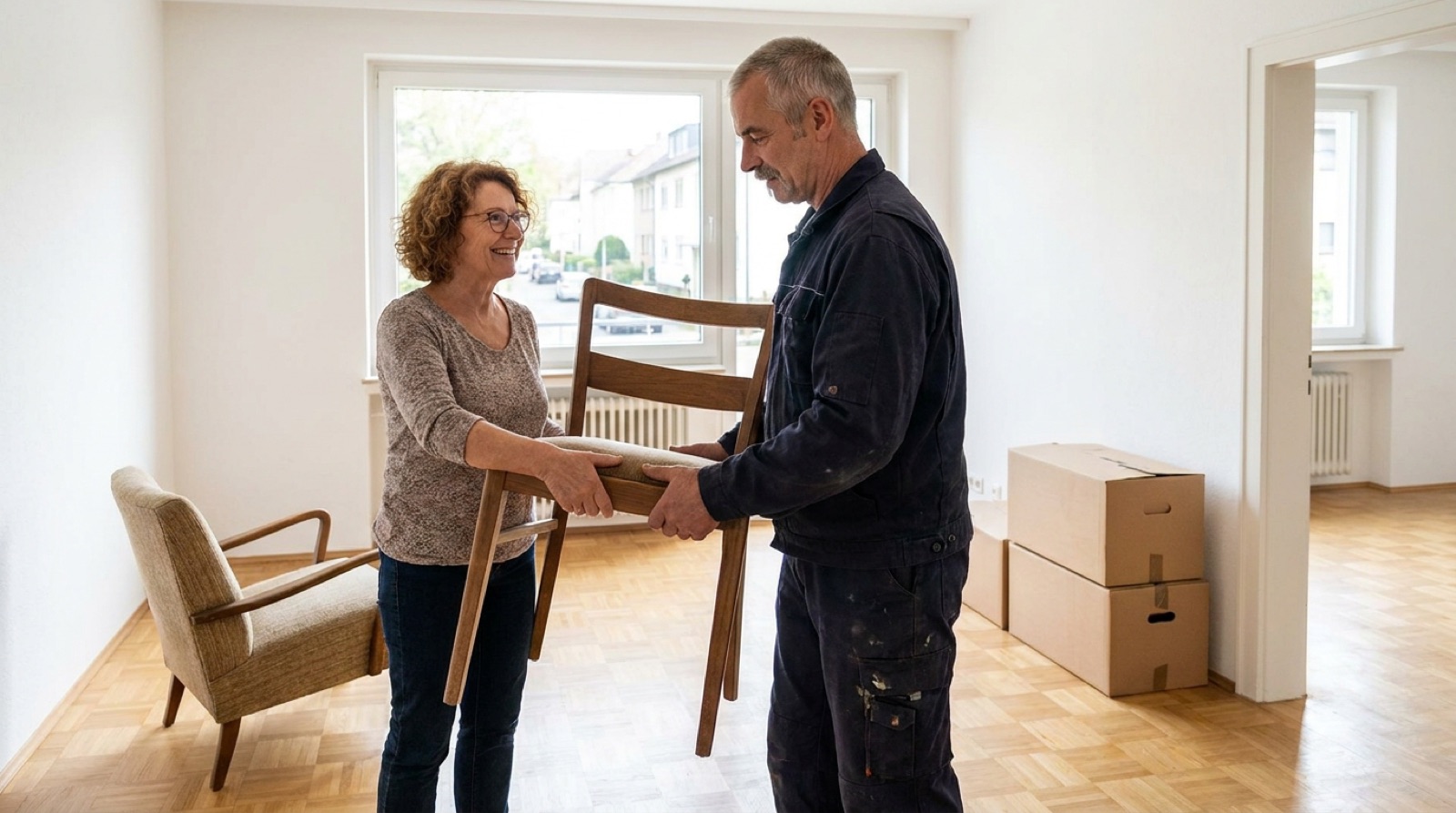 Erleichterte Frau übergibt brauchbare Möbel an Helfer in besenrein geräumter Wohnung, Wohnungsauflösung Kosten senken